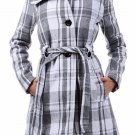 New Woman's Wool Belted White Gray Plaid Fully Lined Coat