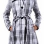 New Woman's Wool Belted White Gray Plaid Fully Lined Coat