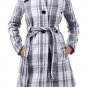 New Woman's Wool Belted White Gray Plaid Fully Lined Coat
