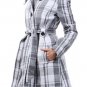 New Woman's Wool Belted White Gray Plaid Fully Lined Coat