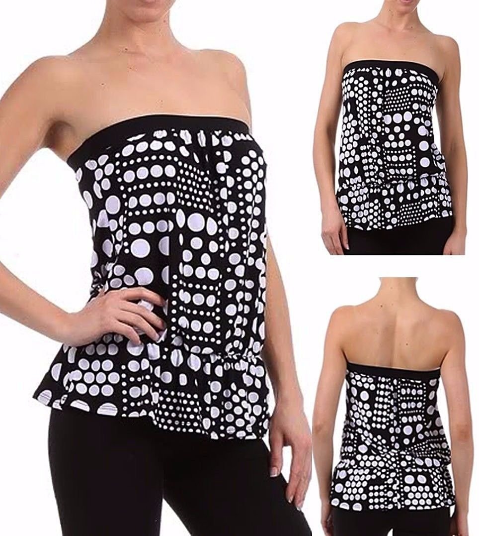 Strapless Slinky Blouse Polka Dot Spotted Top size SMALL