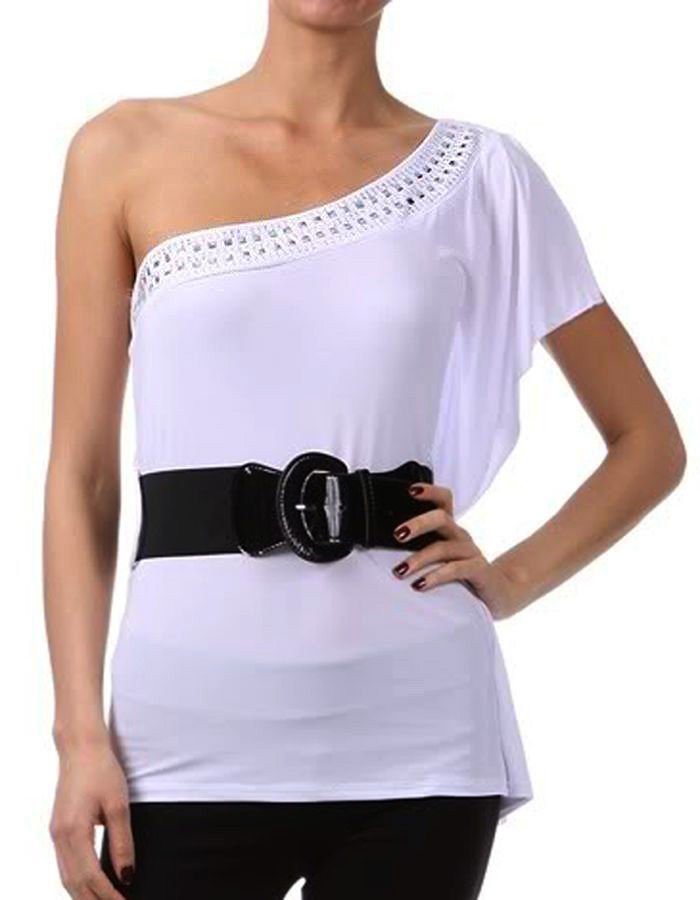 Trendy One Shoulder Blouse Belted Sexy Top