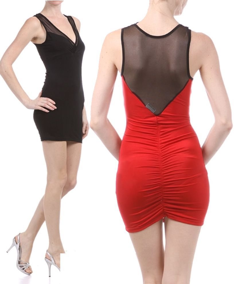 New Sexy Sheer Mesh Back Ruched Micro Mini Dress Club Vegas Fashion Central