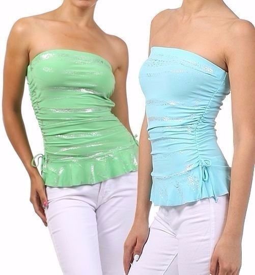 Sexy Strapless Flirty Pull String Top with Metallic Silver Detailing