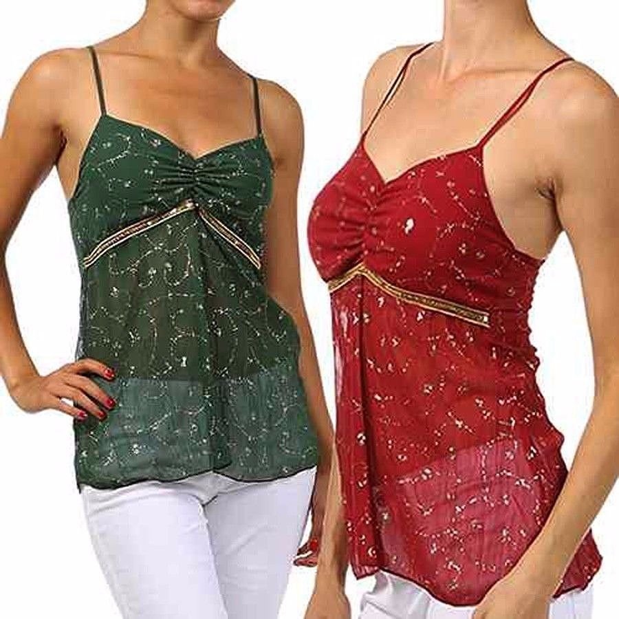 Gold & Sequin Trim Tank Top Sexy Sheer Cami