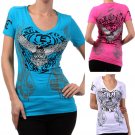 Sexy Fitted Cotton Biker V-Neck T-Shirt w/ Rhinestone Eagle Graphic