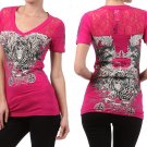 Sexy Lace Biker Cotton V-Neck T-Shirt w/ Rhinestone American Eagle & Crosses