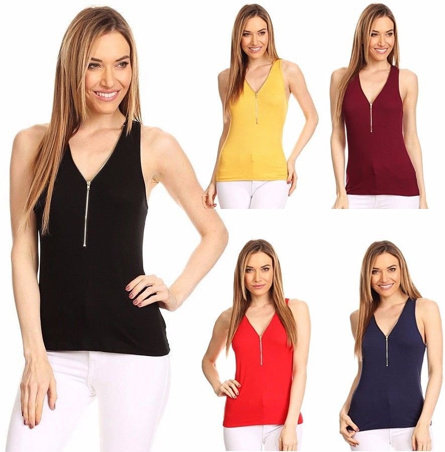 New Solid Ribbed Sleeveless Top Blouse Shirt V-Neck Zipper Racerback Tank Sexy
