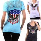 Sexy Lace Biker Cotton V-Neck T-Shirt w/ Rhinestone American Eagle & Flag