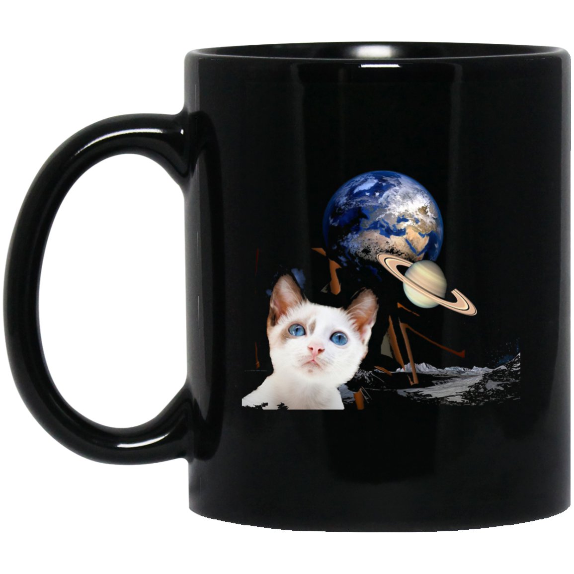 Cute Kitten Earth Planets Outer Space Black Mug Black Ceramic 11oz Coffee Tea Cup