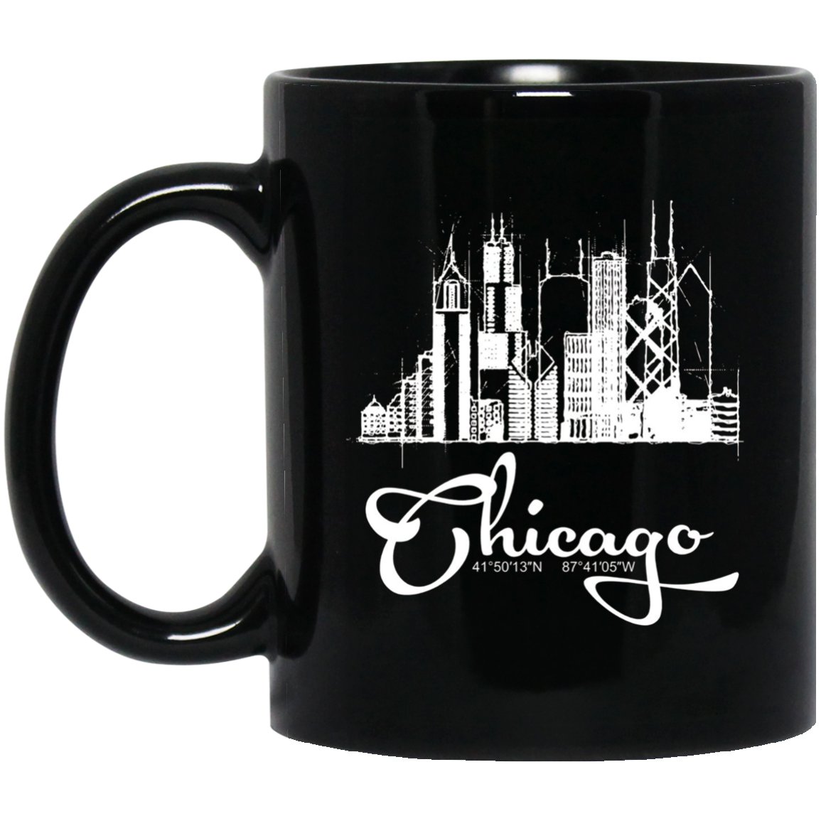 Chicago skyline sketch and GPS coordinates Black Mug Black Ceramic 11oz Coffee Tea Cup