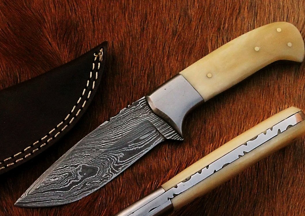 Beautiful Damascus Handmade Hunting Knife With Camel Bone Handle