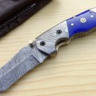 Handmade Blue Horn 7'' Overall  Damascus Steel Folding Pocket Knife With Liner Lock