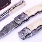 Handmade Camel Bone Handle  6.5''  Damascus Steel Folding Pocket