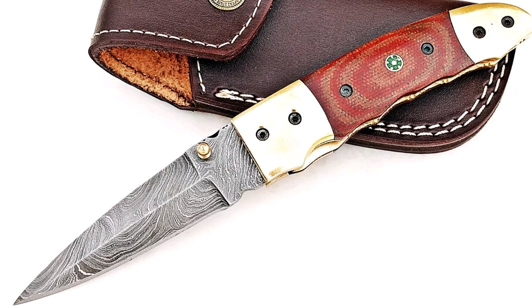 Custom Twist Damascus Steel Folding Knife Canvas Micarta Handle