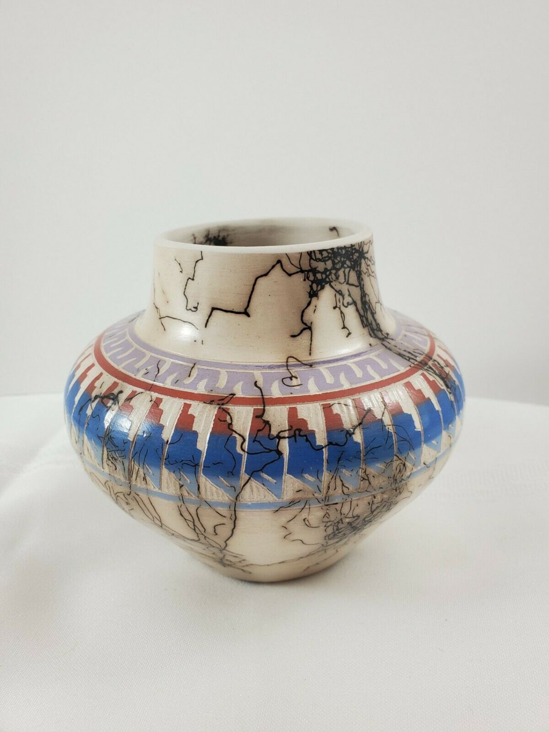 Vintage Horse Hair Pottery Vase Artist Signed by artist T Vail