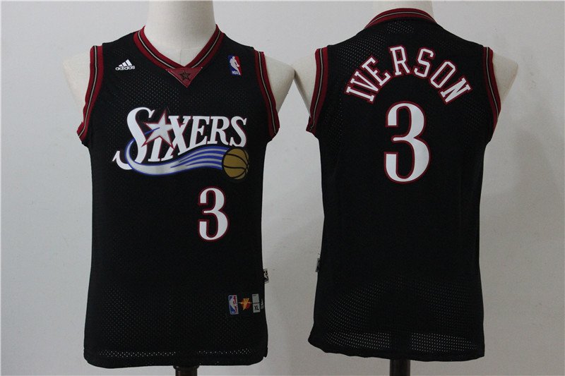 Youth Philadelphia 76ers 3 Allen Iverson Black Basketball Jersey s-xl