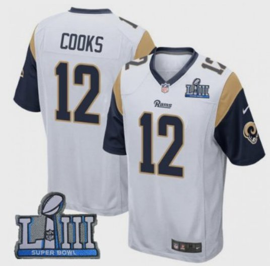 Mens Los Angeles Rams 12# Brandin Cooks White 2019 Super Bowl LIII Jersey New