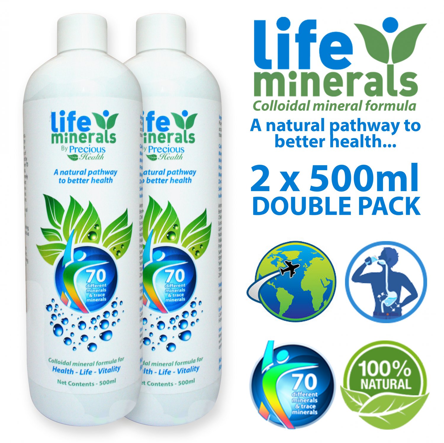 Life Minerals Double Pack 2 x 500ml, 70+ Plant Derived LIQUID Minerals