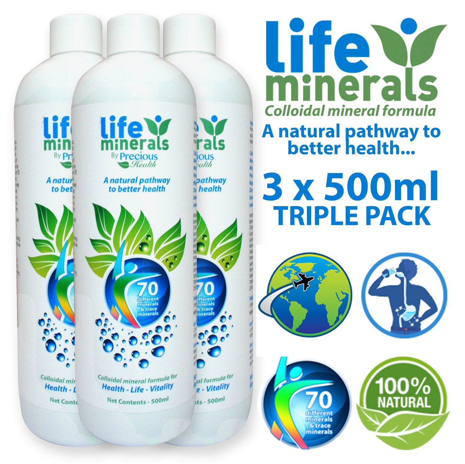 Life Minerals Double Pack 3 x 500ml, 70+ Plant Derived LIQUID Minerals