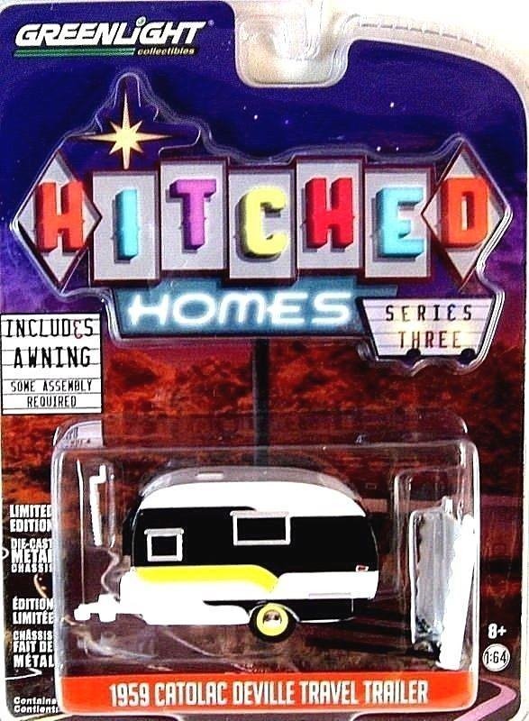 CATOLAC DEVILLE TRAVEL TRAILER 1959 BLACK/WHITE/YELLOE, GREENLIGHT 1:64 MODEL