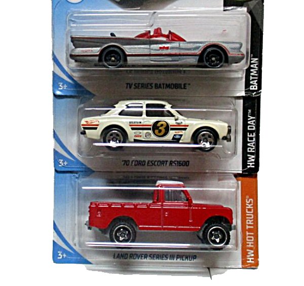 Set*3 Car Models, Land Rover/1970 Ford Escort/Batmobile, HotWheels Scale 1:64