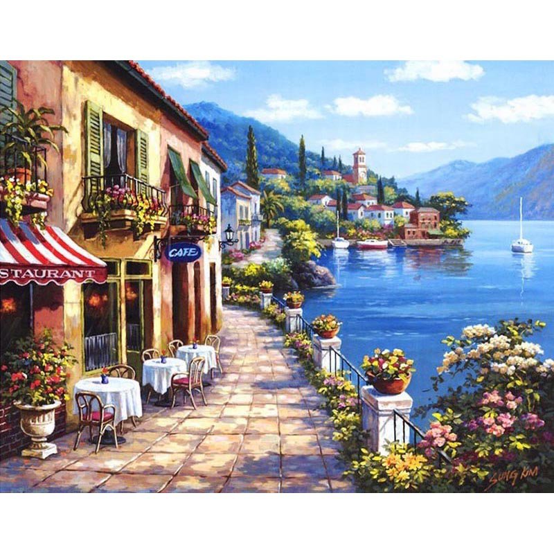 Cafe on a lake shore DIY Acrylic Paint by Numbers kit