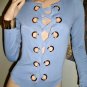 Blue knit Body Suit Gold Ring Lcce Up Style Front Long Sleeve