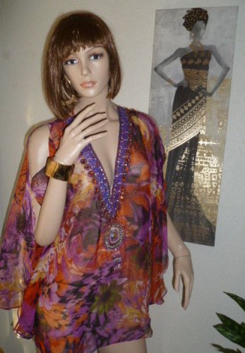 Women's Cover up-Sheer Floral Sequin Print Bat Wing Top- Beach Top