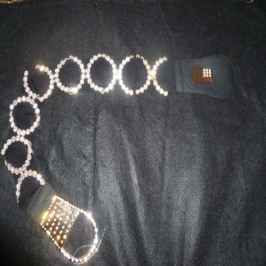 Womens Wide Elegant Rhinestone Gold Trim Belts with Stretch- Hoop Links