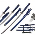 3 Pcs Samurai Sword Set Blue Scabbard with Square Guard and Stand