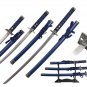 3 Pcs Samurai Sword Set Blue Scabbard with Square Guard and Stand