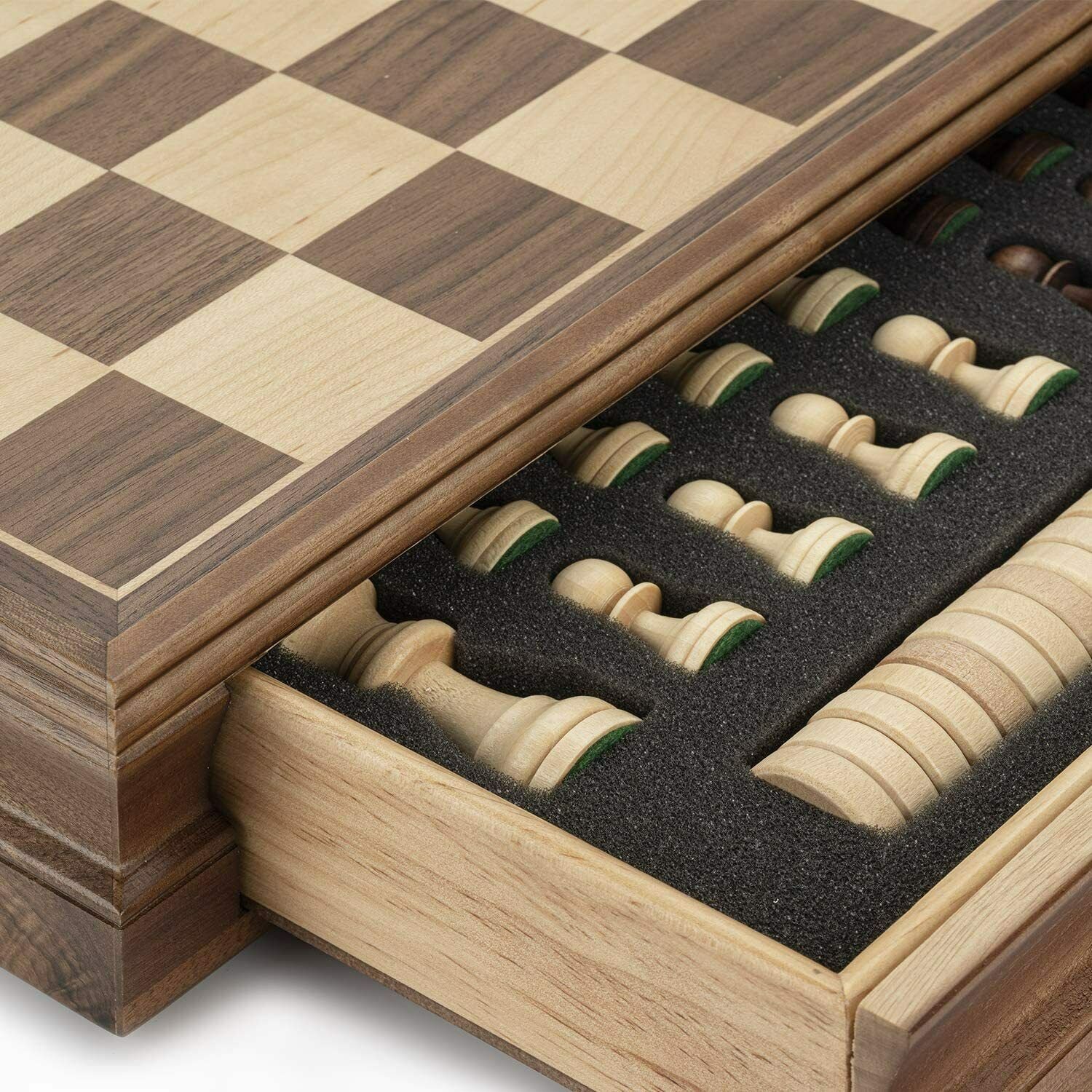 15" Wooden Chess & Checkers Set w/Storage Drawer w/3" King Height Chess
