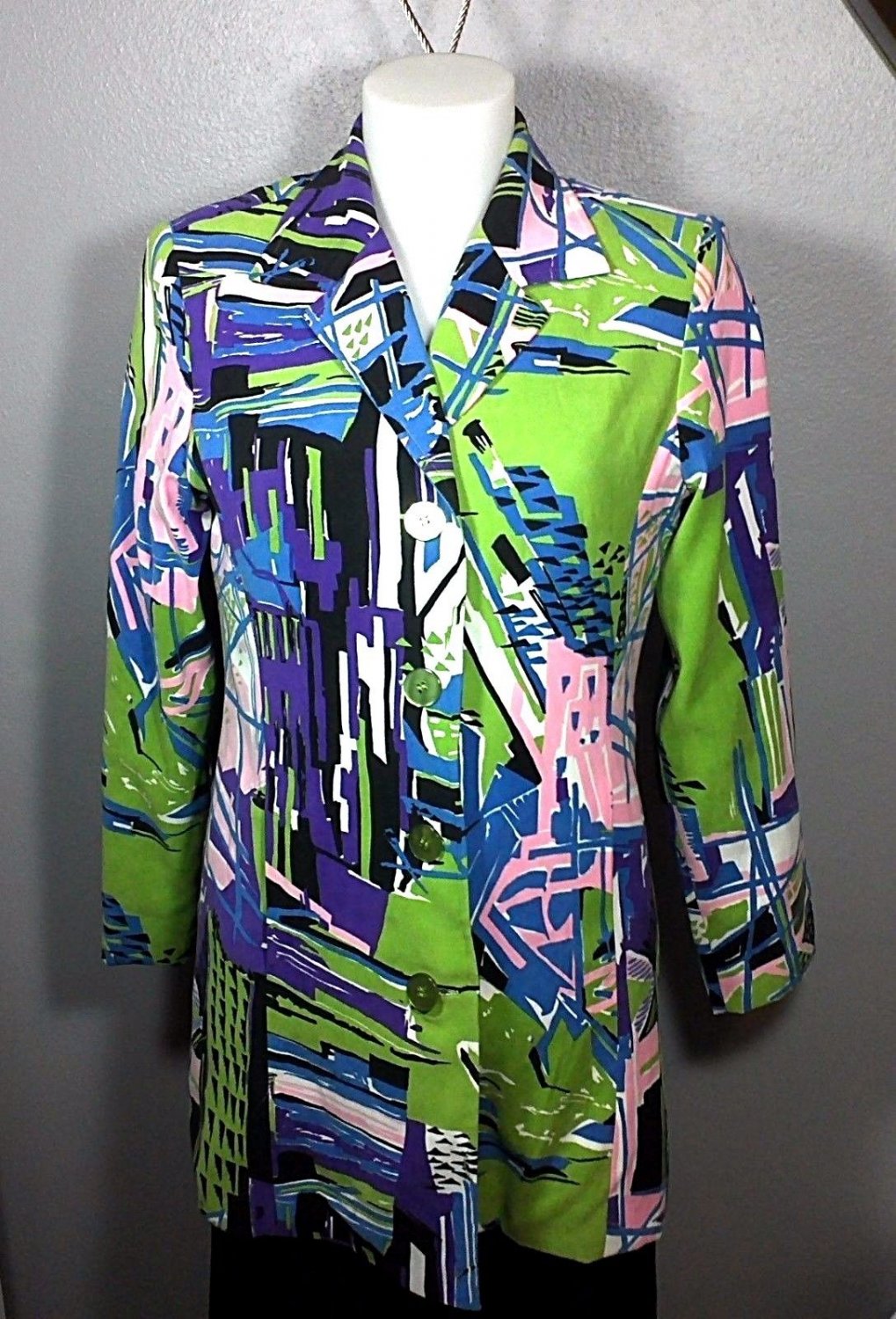 DANDY BY RANDI M Bright Colorful Long Sleeve Geometric Jacket Lime Green Pink 6