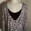 AB Studio Top Womens Size M Blue Black White Wrap Floral 3/4 Sleeve Layered Look