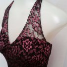 Pink Black Rose Dress Hi Lo Hemline Lace Overlay Womens Size Medium Halter Top