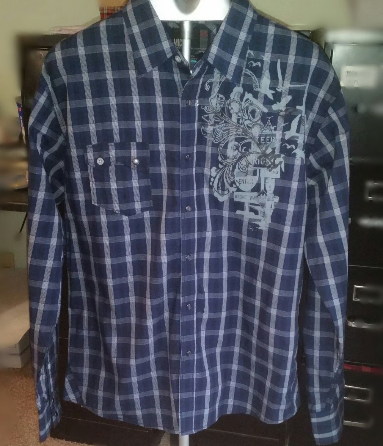 Mens Navy Gray Plaid Snap Front Shirt Size Large Micros Homegrown in Los Angeles