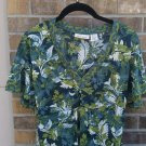 DKNY Womens Green Blouse Top Shirt Med Leaves Empire Small buttons Elastic Back