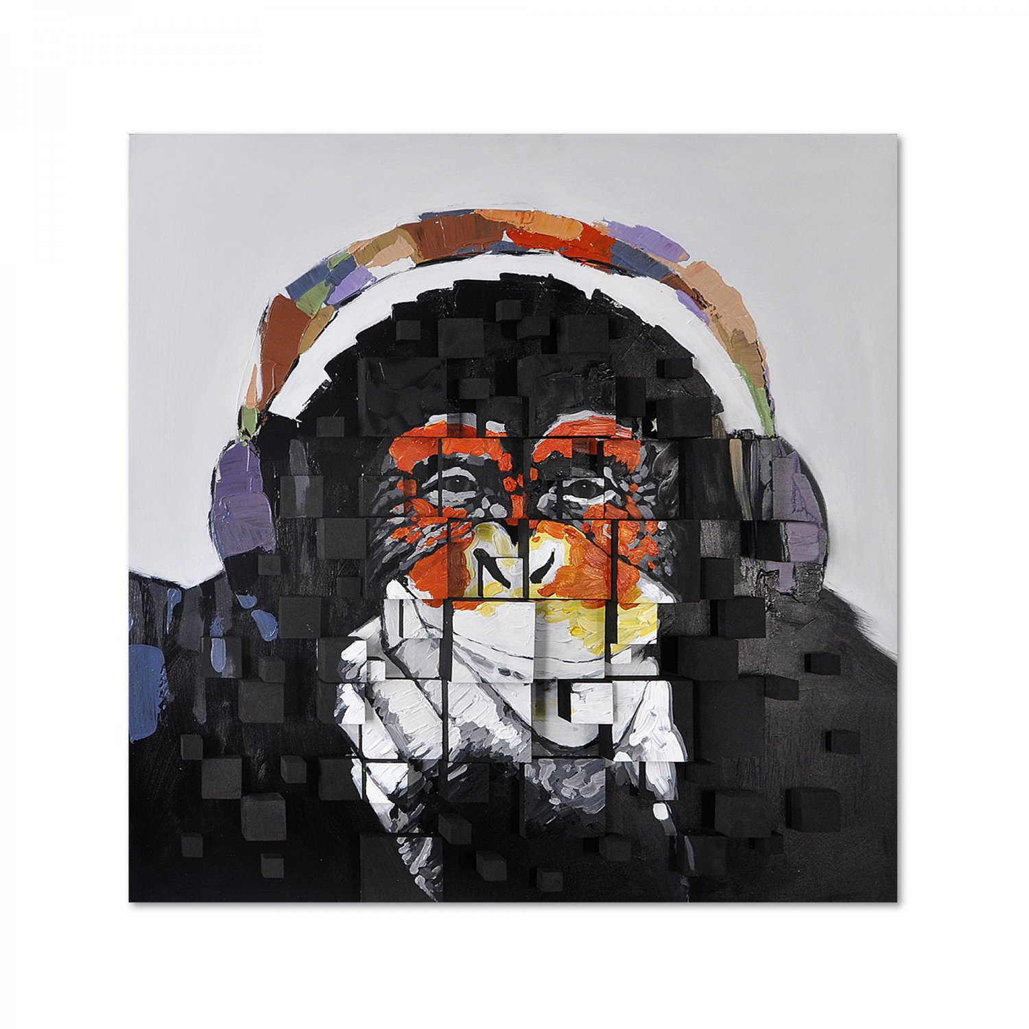 3D Wall Art Large Painting on Canvas Hand Crafted & Painted Modern Monkey Headphones Home Decor