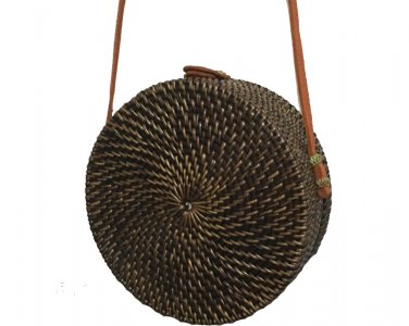 Handwoven Round Rattan Beach Bags with Button Clip - Medium Size - Black Color