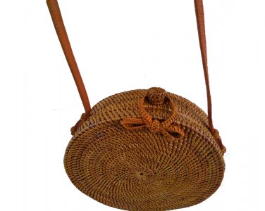 Rattan Bags for Women with Medium Circle Leather Strapping Round Butterfly buckle