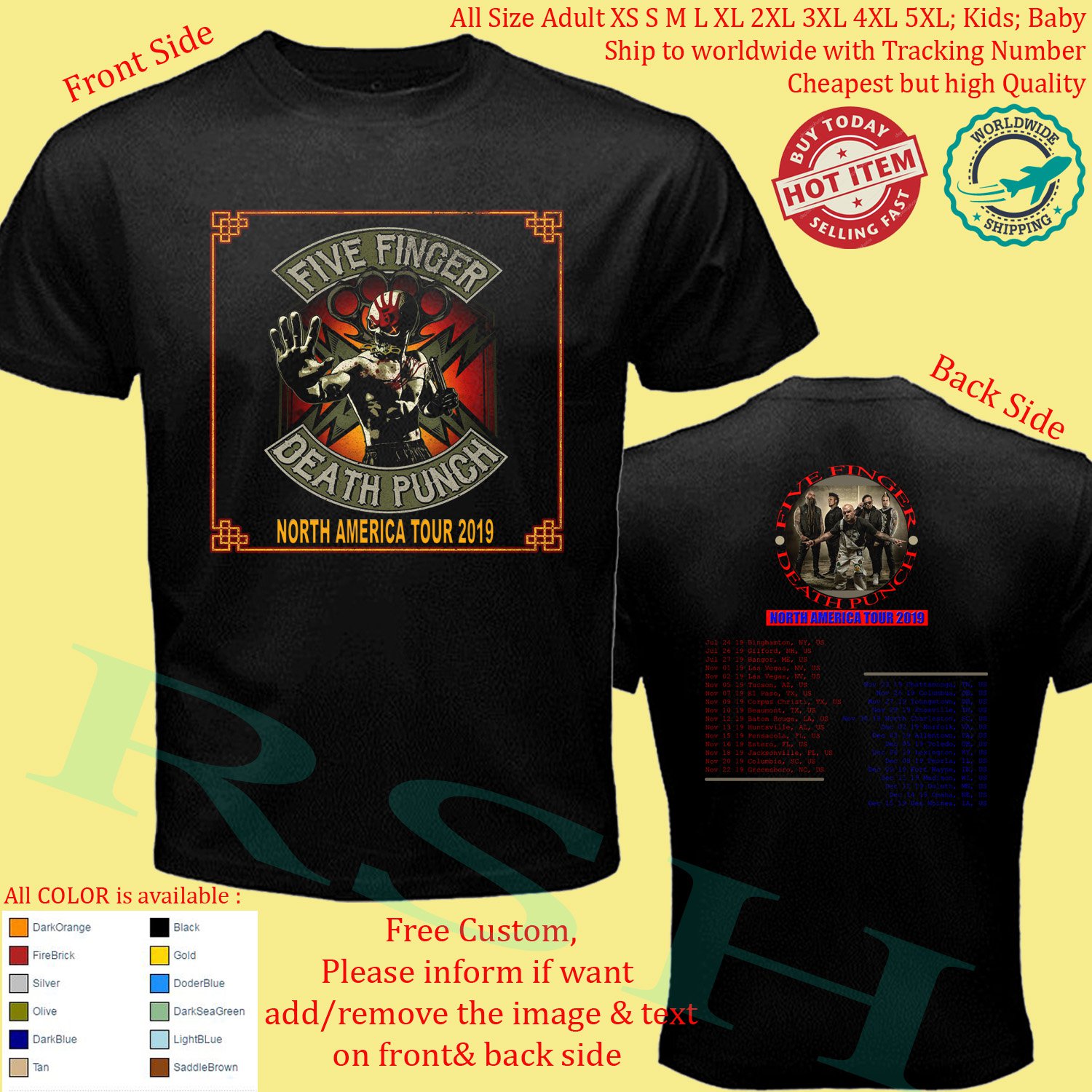 FFDP FIVE FINGER DEATH PUNCH TOUR 2019 Shirt All Size Adult S - 5XL Kids Infants Toddler