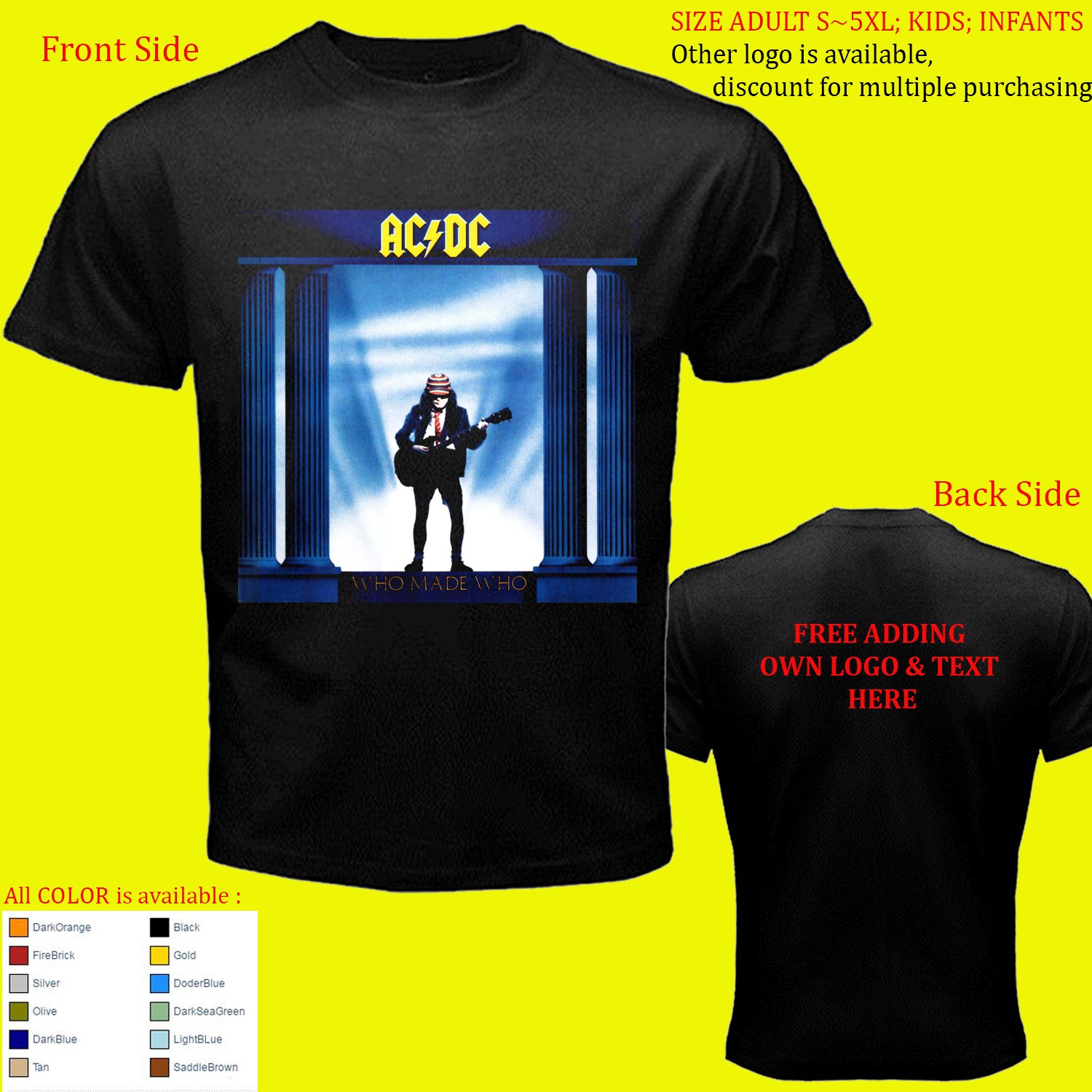 ACDC Malcolm & Angus Young 18 shirt All Size Adult S - 5XL Kids Infants Toddler