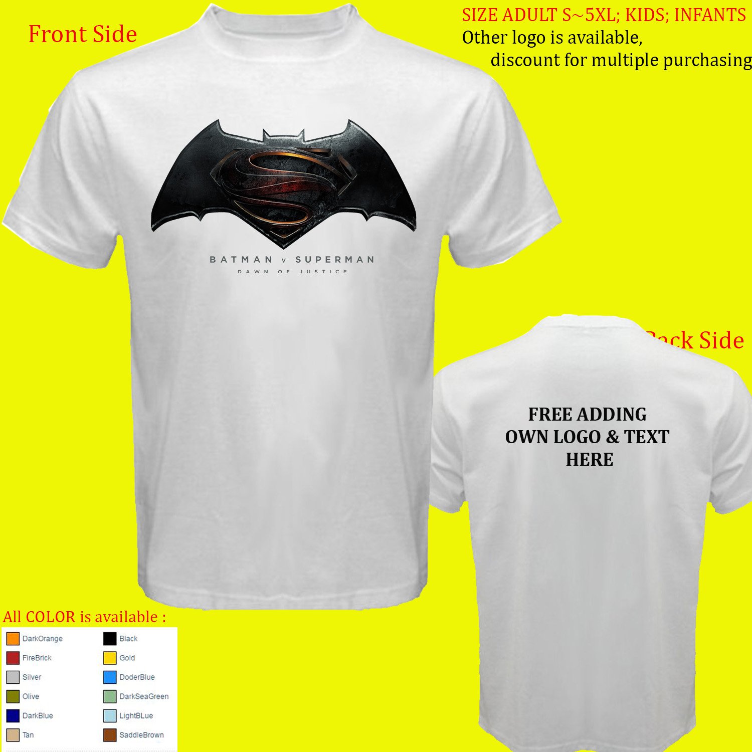 Batman vs Superman 5 Super Hero shirt All Size Adult S - 5XL Kids Infants Toddler