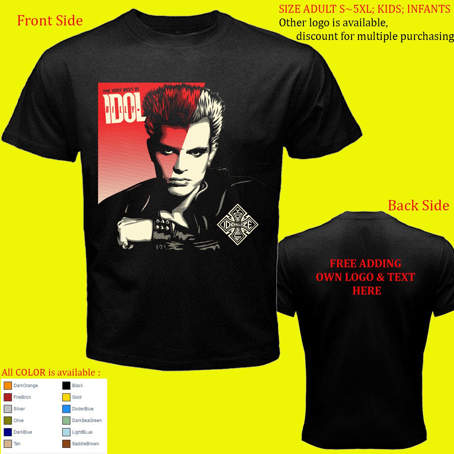 5 BILLY IDOL Neurotic Outsiders Chelsea shirt All Size Adult S - 5XL Kids Infants Toddler