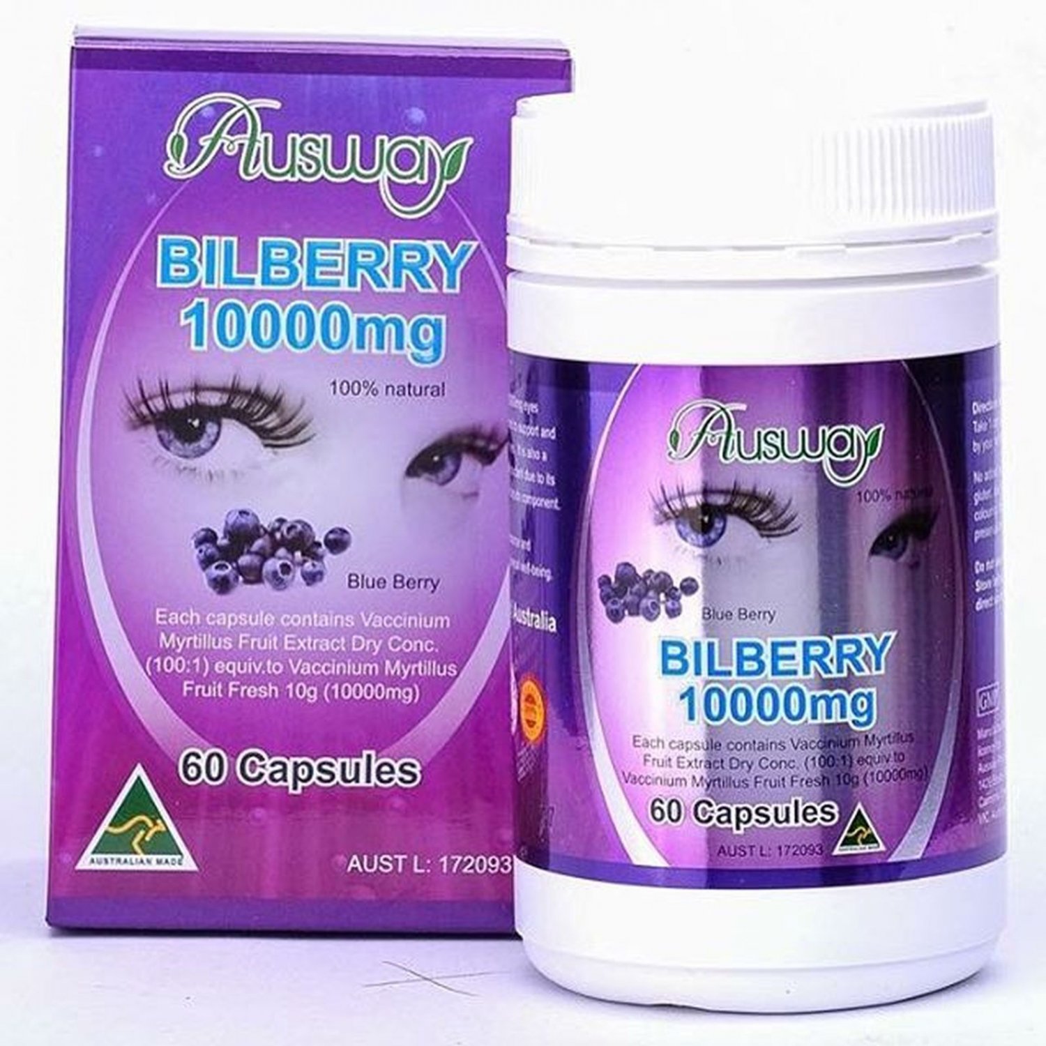 Ausway Bilberry 10000 mg. Vitamins 60 Capsules Support Eye Health Dry