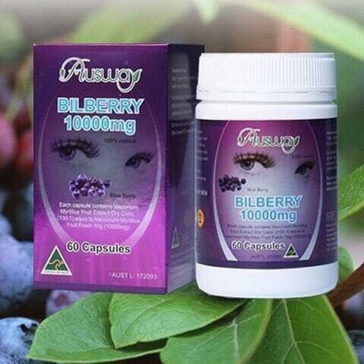 Ausway Bilberry 10000 mg. Vitamins 60 Capsules Support Eye Health Dry
