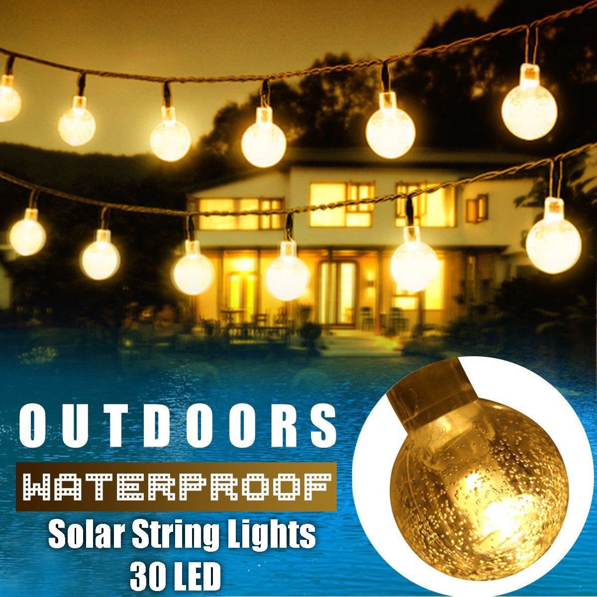 30 LED Solar String Lights 20 FT Outdoor Waterproof Warm White Decor Ball Party