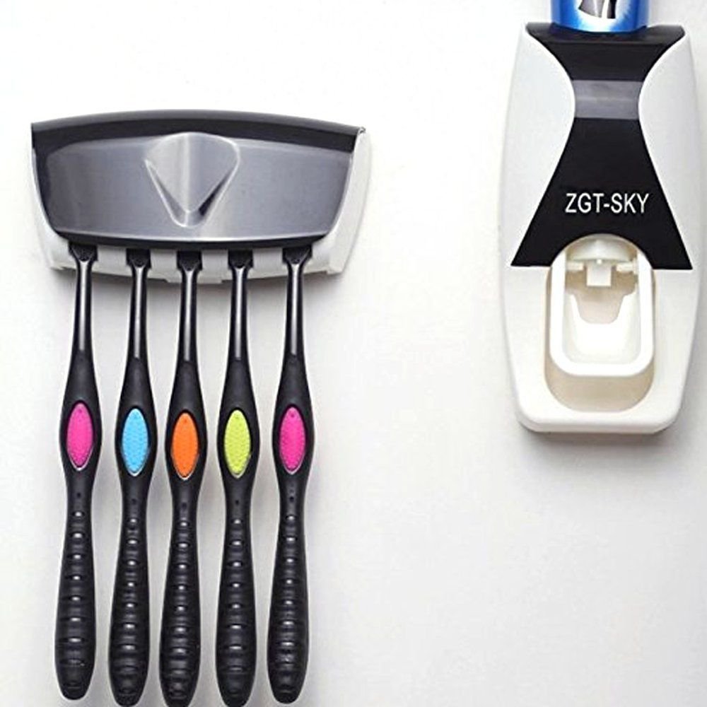 Toothpaste Dispenser Kit Squeezer w/ Toothbrush Holder Bathroom Accessories Set