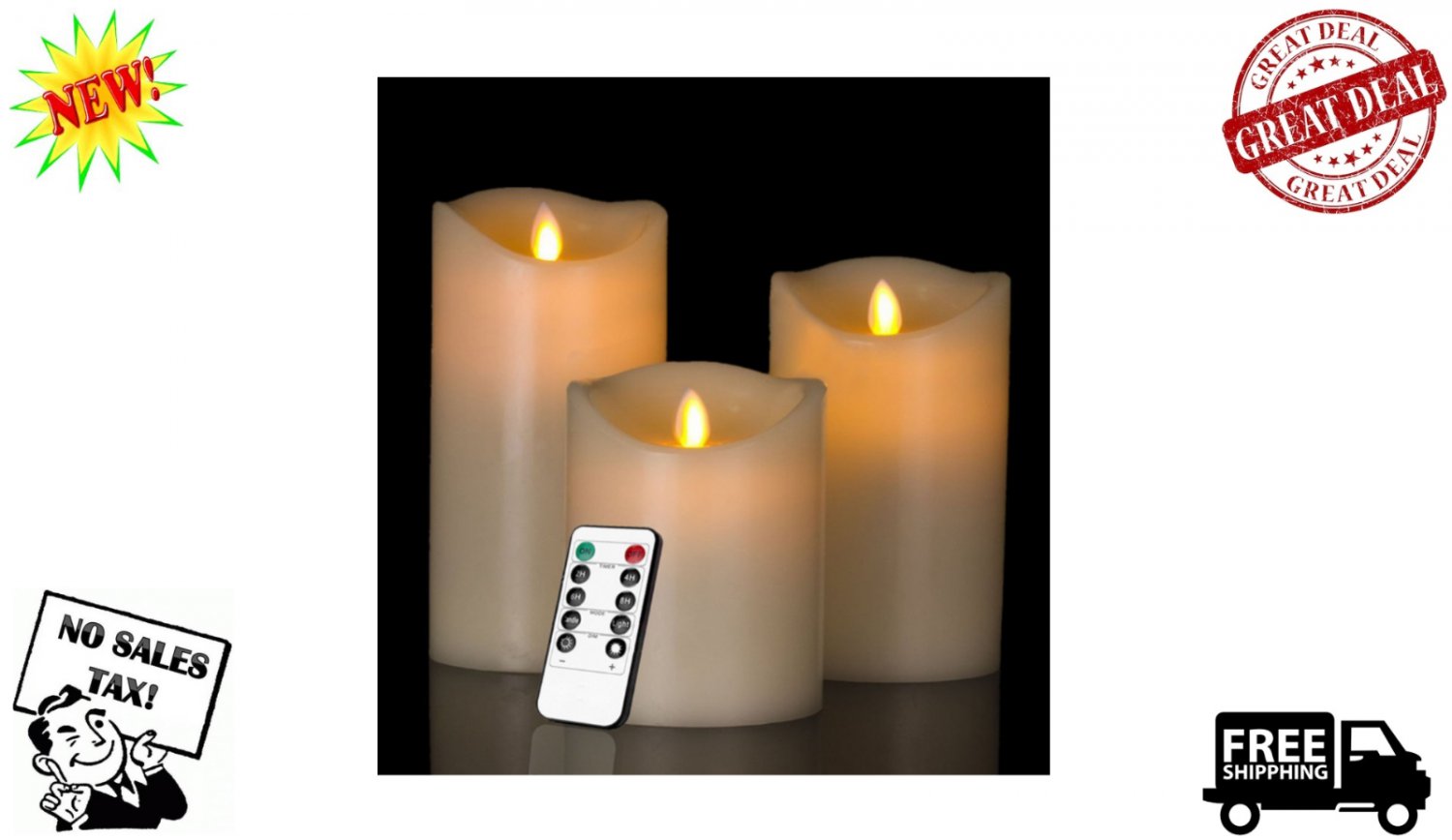 3 Luminara Flickering Moving Wick Flameless Pillar Candle LED Remote Candles Set